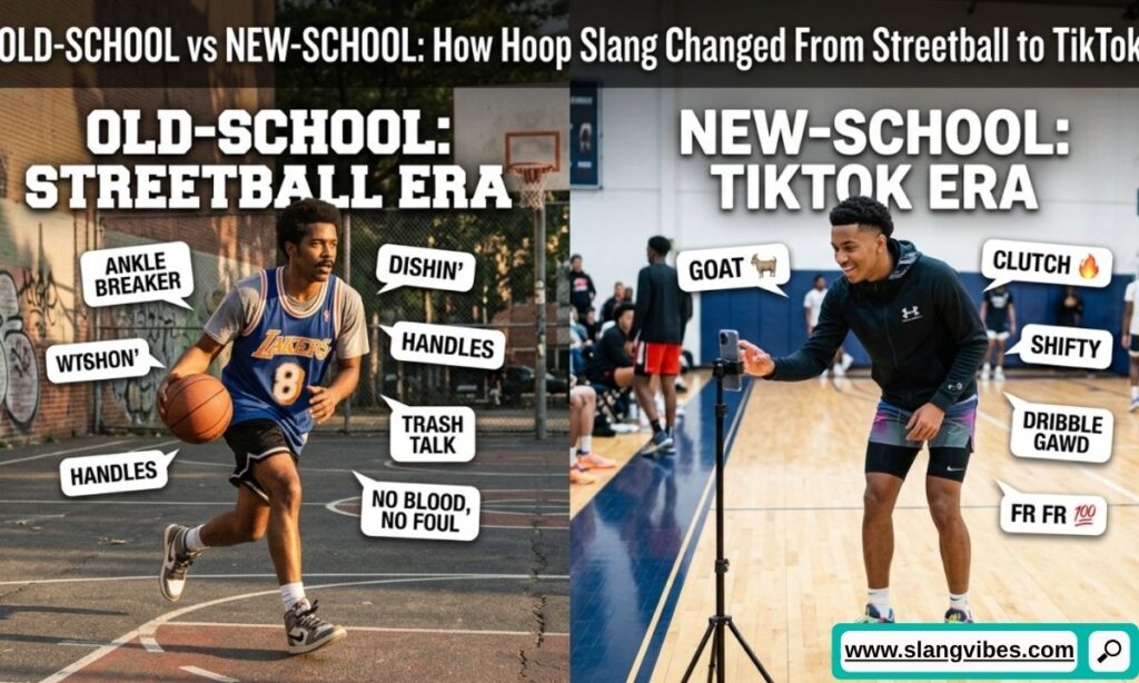 Old-school vs new-school basketball slang showing streetball terms, TikTok hoops lingo, and modern basketball vocabulary.