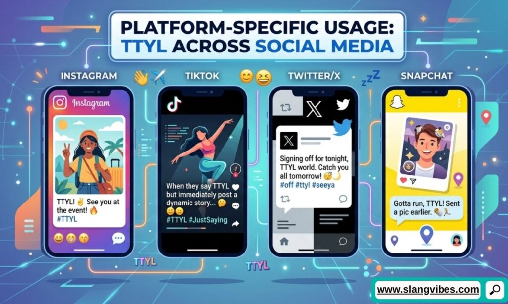 TTYL meaning across Snapchat, TikTok, Instagram, WhatsApp, and Facebook with platform-specific texting examples