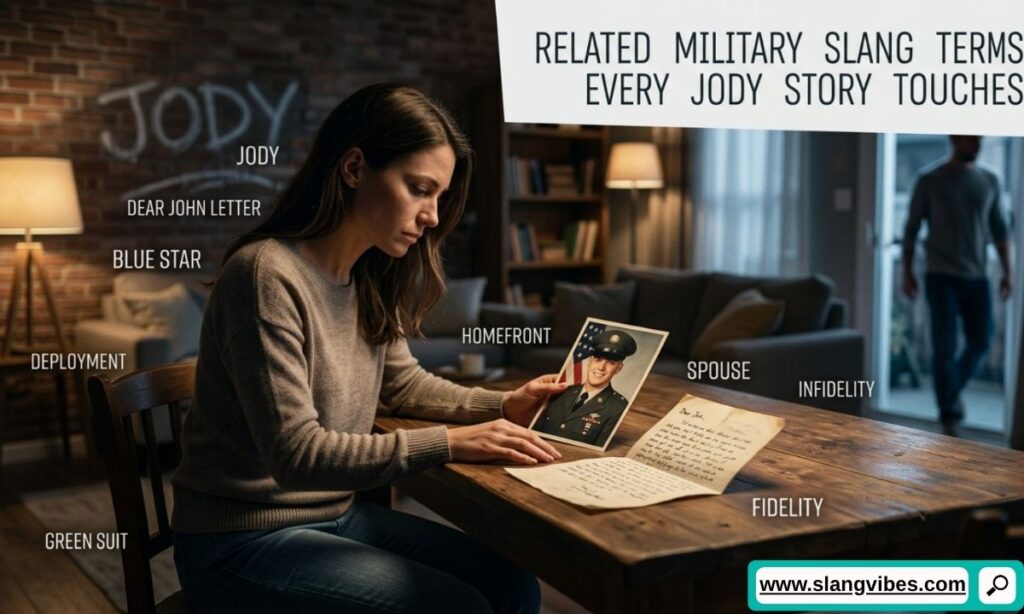 Military slang terms related to Jody including Blue Falcon, Hooah, Fobbit, Pog, and Dear John Letter