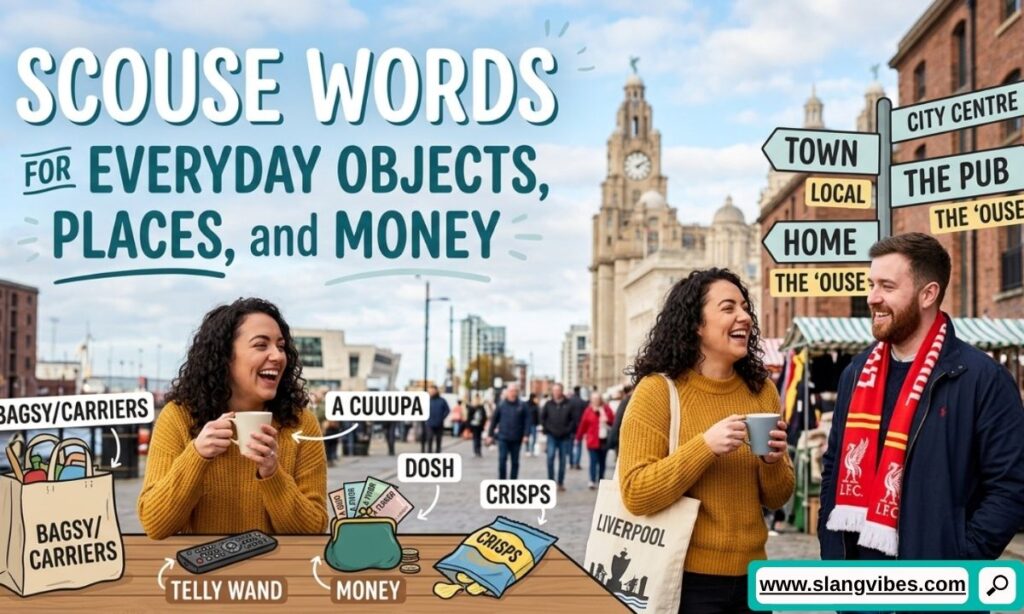 Scouse words for everyday objects, places, and money with Liverpool slang terms and Merseyside vocabulary explained.