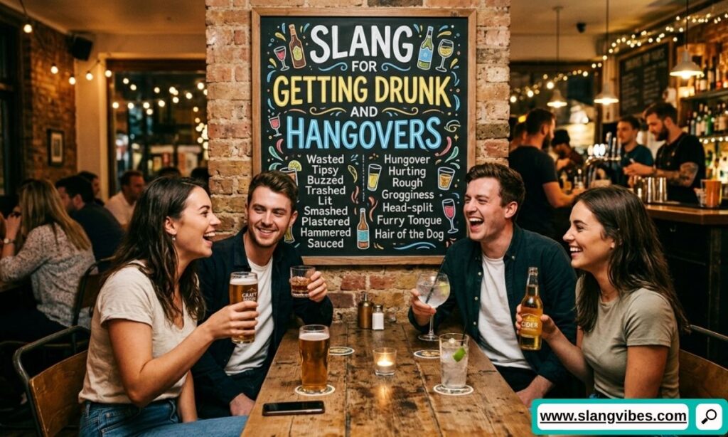 Slang for getting drunk and hangovers with popular intoxication terms, drinking slang, and hangover expressions