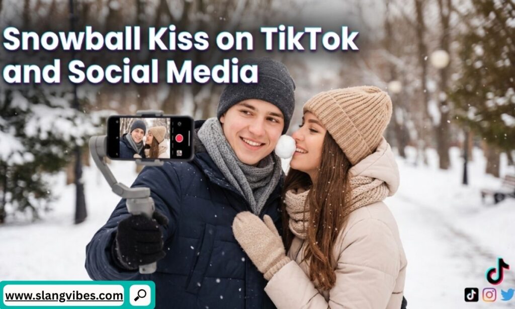 A young couple recording a video on a smartphone with a gimbal in a snowy park, with a text overlay about snowball kiss on TikTok and social media.