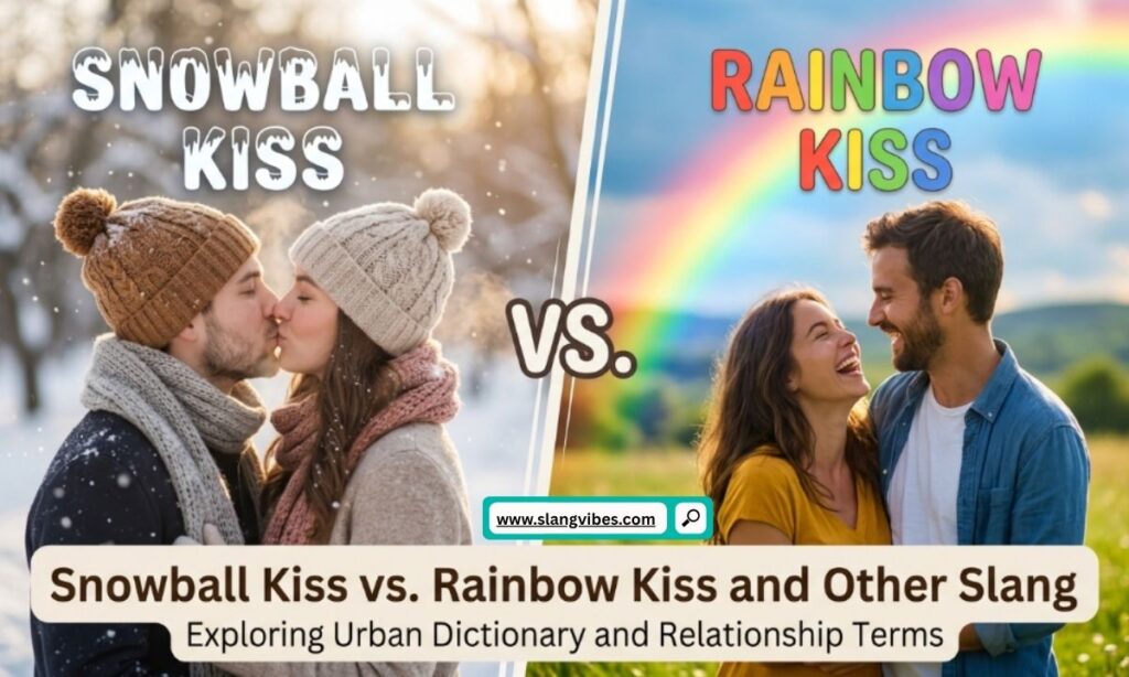 A split-screen infographic comparing a couple kissing in the snow to a couple laughing under a rainbow, with text exploring snowball kiss vs rainbow kiss.
