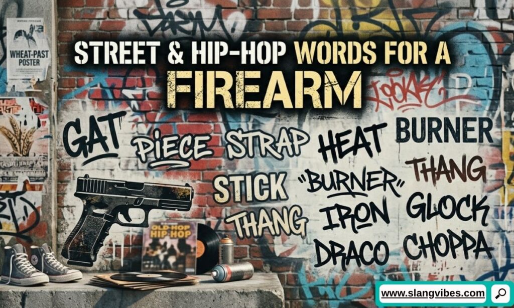 Street and hip-hop words for a firearm featuring popular gun slang, rap terminology, and urban nicknames explained.