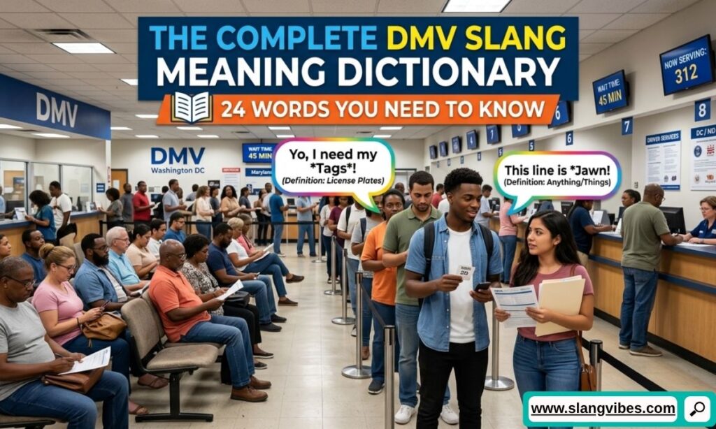 Complete DMV slang meaning dictionary featuring 24 popular DC, Maryland, and Virginia slang words with easy definitions.