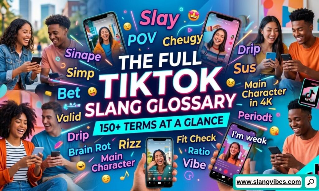 Complete TikTok slang glossary with 150+ viral TikTok terms, Gen Z slang, internet expressions, and social media meanings