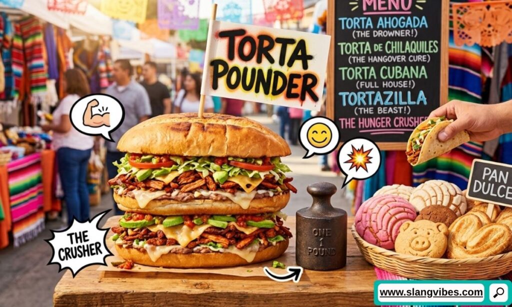 Torta slang terms including Torta Pounder, Pan Dulce, and popular TikTok slang meanings with Gen Z examples.