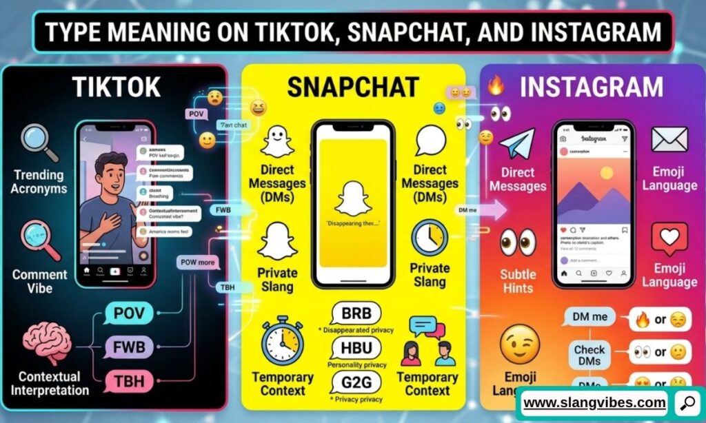 Type meaning on TikTok, Snapchat, and Instagram explained with real chat examples and social media slang usage.