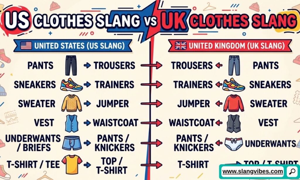 US clothes slang vs UK clothes slang comparison featuring American and British clothing terms with modern fashion vocabulary