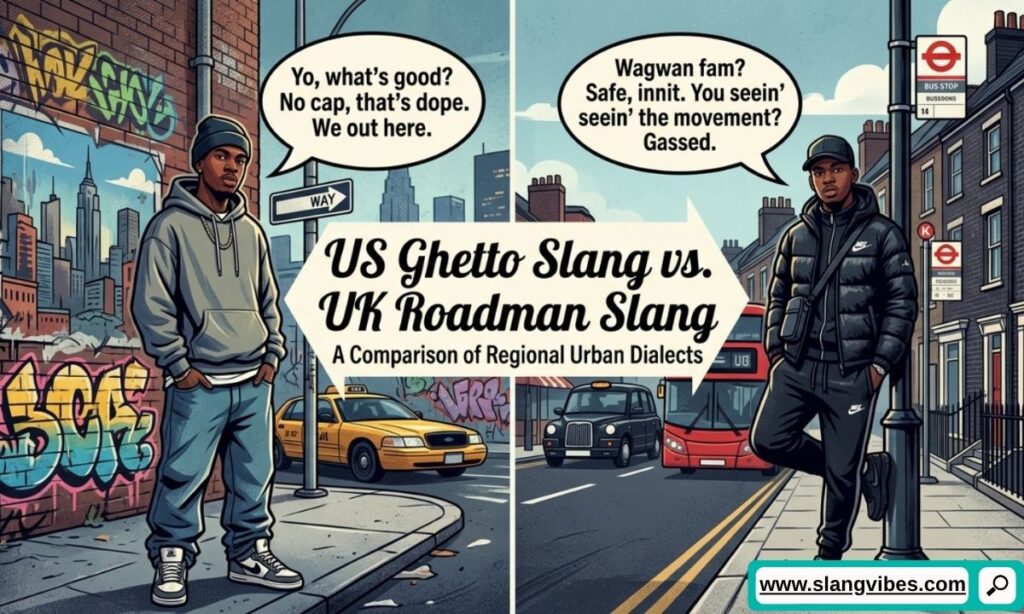 US ghetto slang vs UK roadman slang comparison with regional terms, meanings, and everyday language differences.