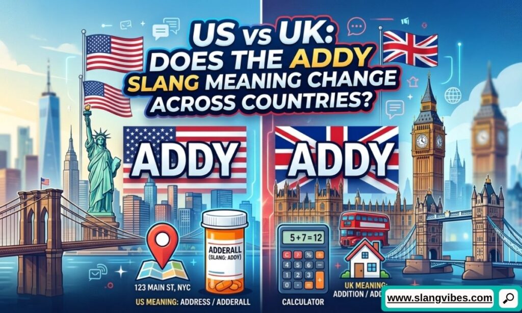 US vs UK Addy slang meaning comparison showing how "Addy" is used in American and British English.