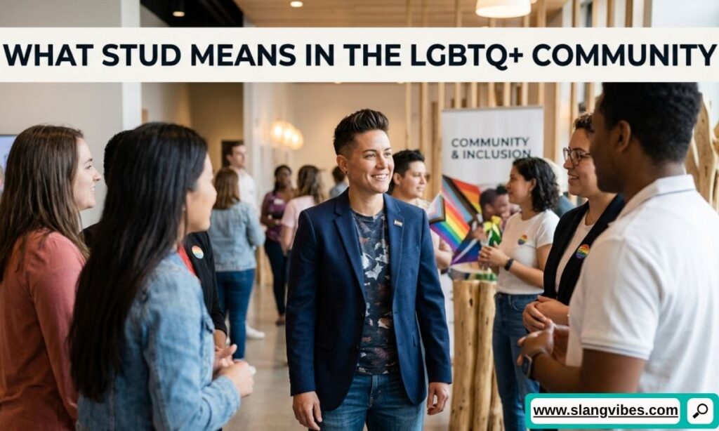 What Stud Means in the LGBTQ+ Community explained with LGBTQ+ pride flag and masculine-presenting lesbian identity illustration