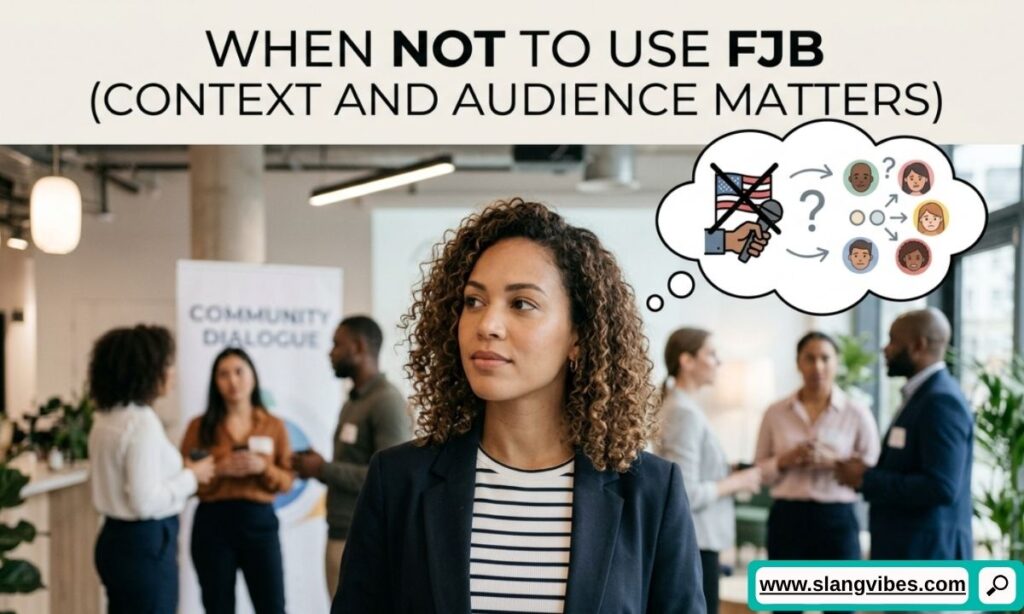 When not to use FJB in text, highlighting appropriate contexts, audiences, and social media communication etiquette.