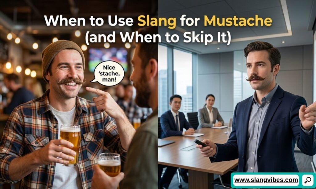 When to use slang for mustache and when to avoid it in casual conversations, social media, and professional settings