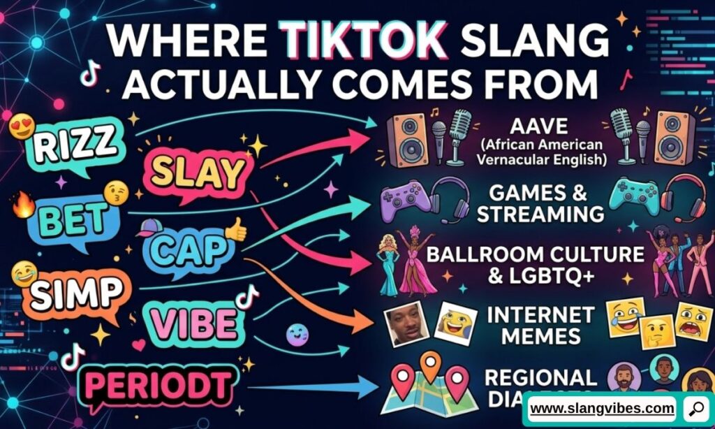 Illustration showing where TikTok slang comes from, including Gen Z culture, viral trends, memes, influencers, and internet communities.