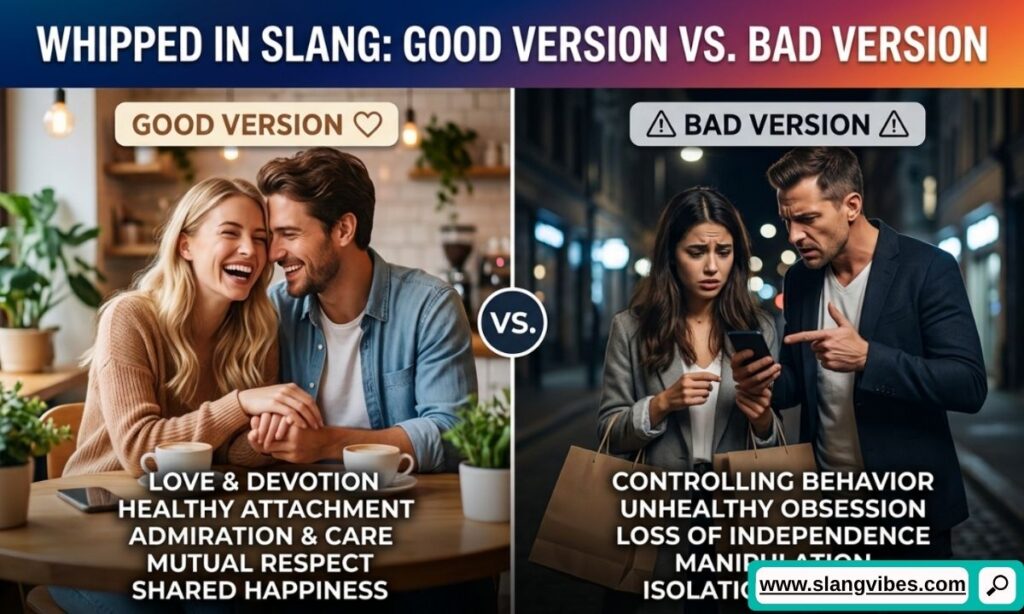 Whipped in slang good vs bad meaning comparison showing healthy relationship slang and negative dating stereotypes.
