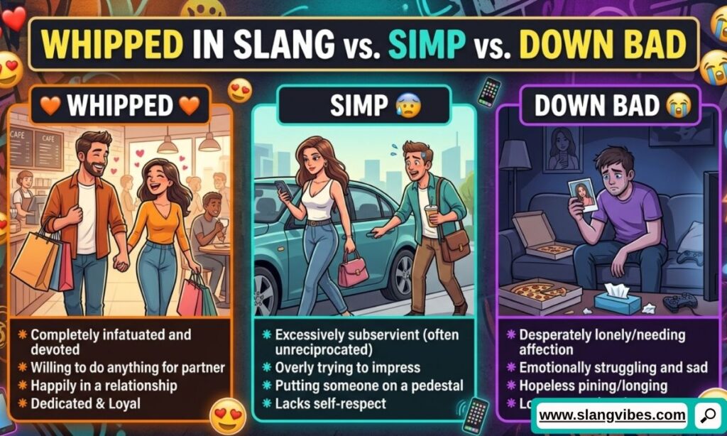 Whipped in slang vs simp vs down bad comparison explaining modern dating slang, Gen Z terms, and relationship meanings.