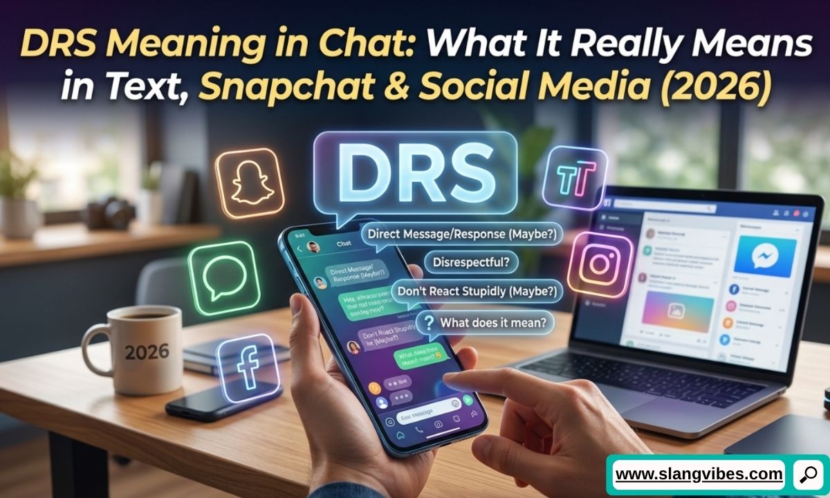 DRS meaning in chat explained with text messages, Snapchat conversation, and social media slang examples (2026).