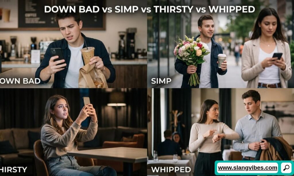 Down Bad vs simp, thirsty, and whipped slang meanings compared with modern relationship examples