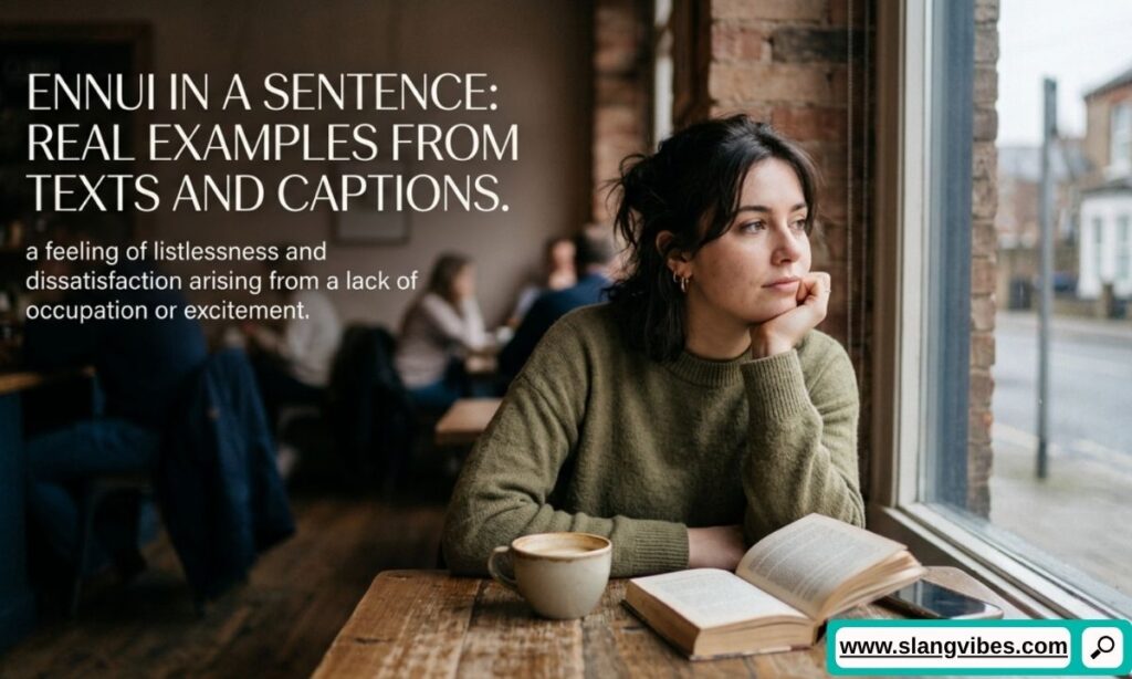Ennui in a sentence with real text examples, captions, and everyday slang usage