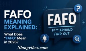Graphic explaining FAFO meaning with a speech bubble showing Fuck Around Find Out, a lightbulb icon, and search glass.