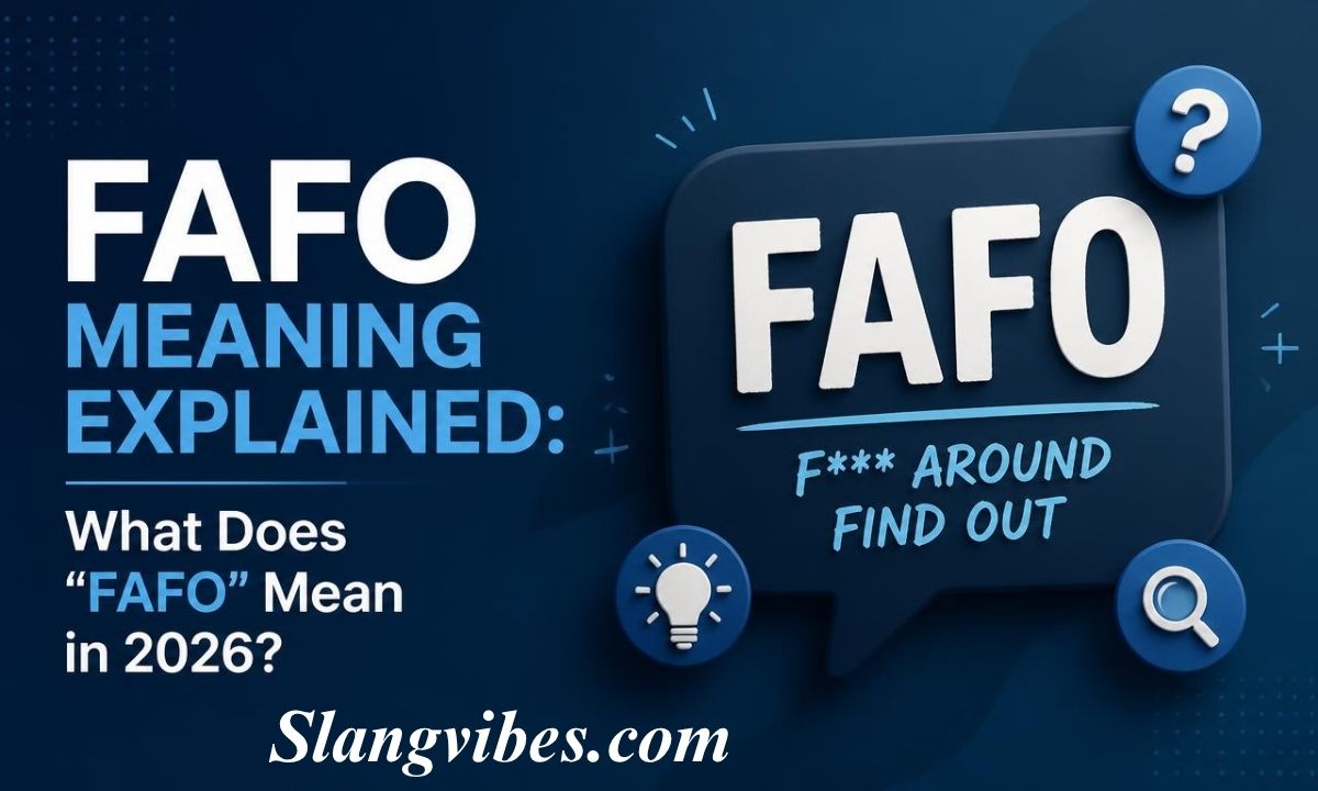 Graphic explaining FAFO meaning with a speech bubble showing Fuck Around Find Out, a lightbulb icon, and search glass.