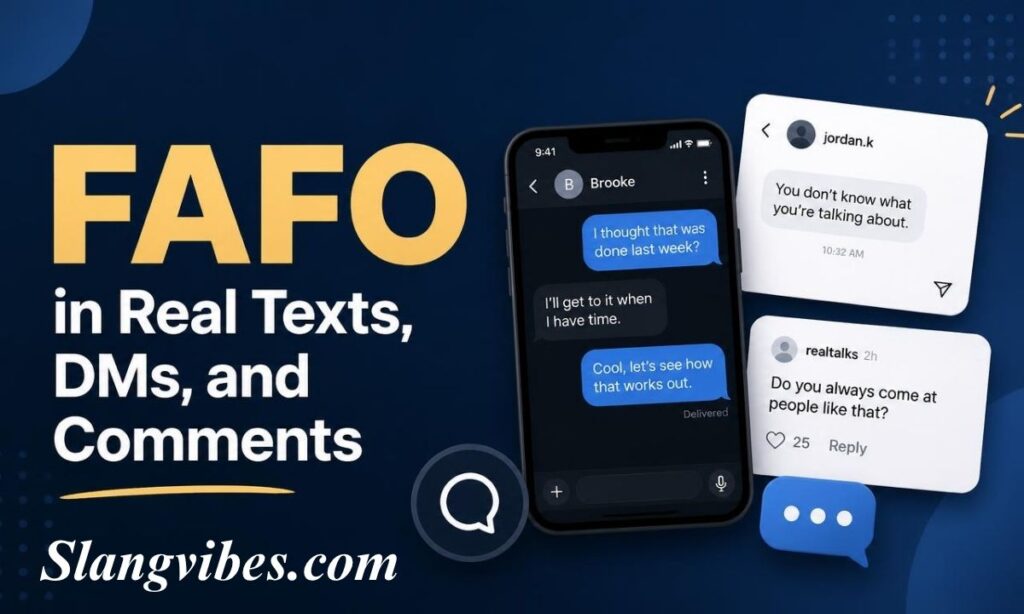 Smartphone displaying real text message exchanges, social media DMs, and comments illustrating FAFO in conversation.
