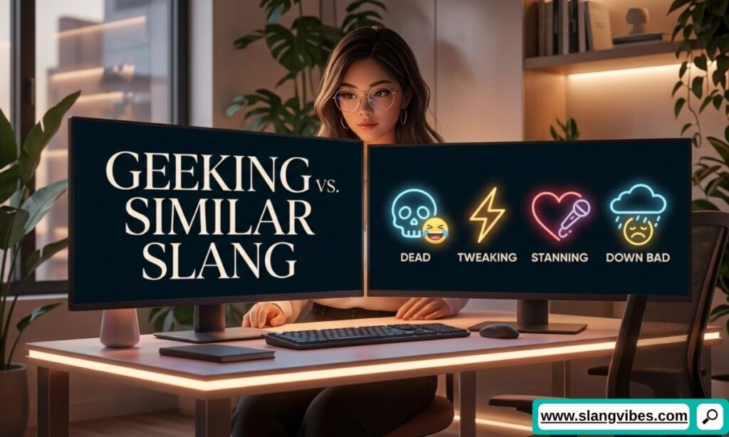 Geeking vs dead, tweaking, stanning, and down bad slang meanings compared with examples.