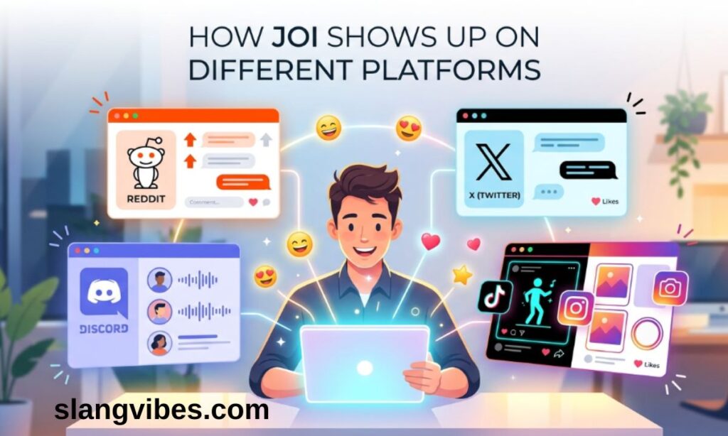 Illustration showing how JOI slang appears on Reddit, X, Discord, TikTok, and Instagram with a person at a laptop.