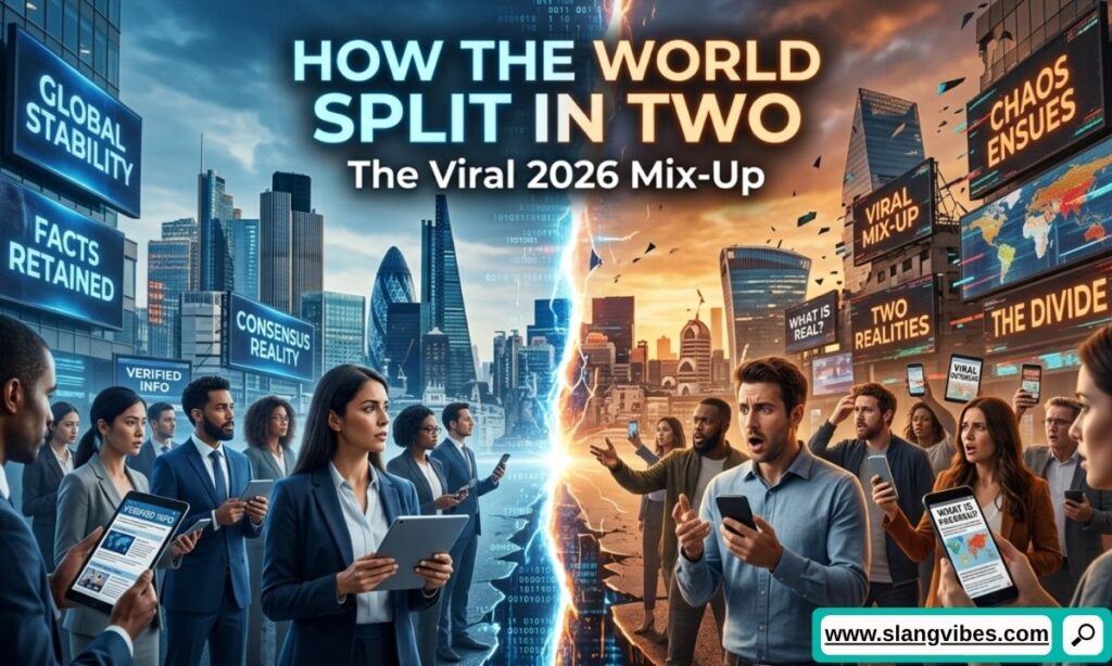 Illustration showing how the word split into two meanings after the viral 2024 mix-up in internet slang and social media.
