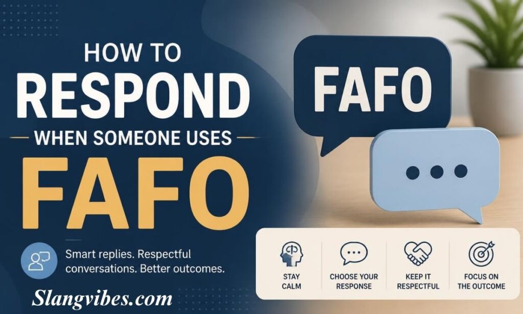 Desk setup visual detailing how to respond when someone uses FAFO, featuring speech bubbles and conversation strategy icons.