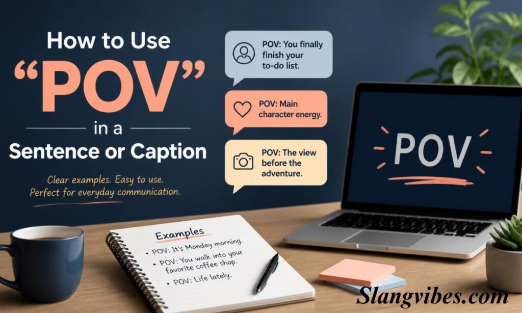 Desk setup showing laptop and notebook with example captions on how to use POV in a sentence or caption.