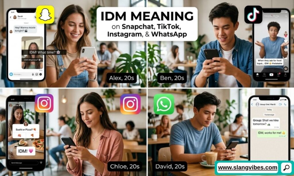 IDM meaning on Snapchat, TikTok, Instagram, and WhatsApp with chat examples and social media slang explained (2026)