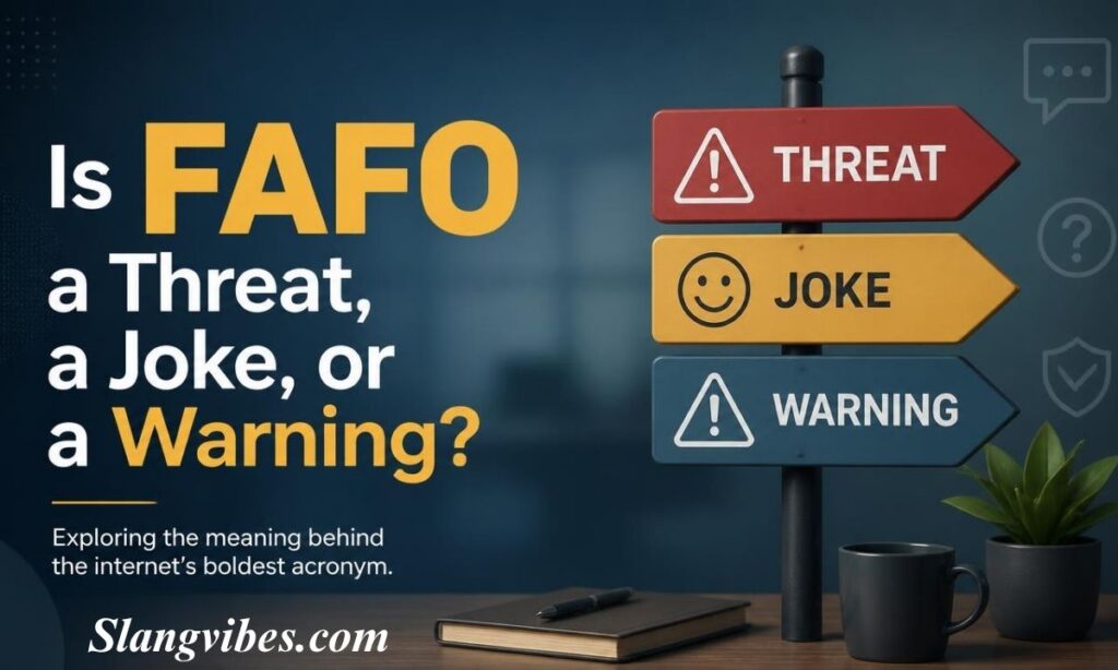 Directional signpost with Threat, Joke, and Warning signs exploring if FAFO is a threat, joke, or warning.