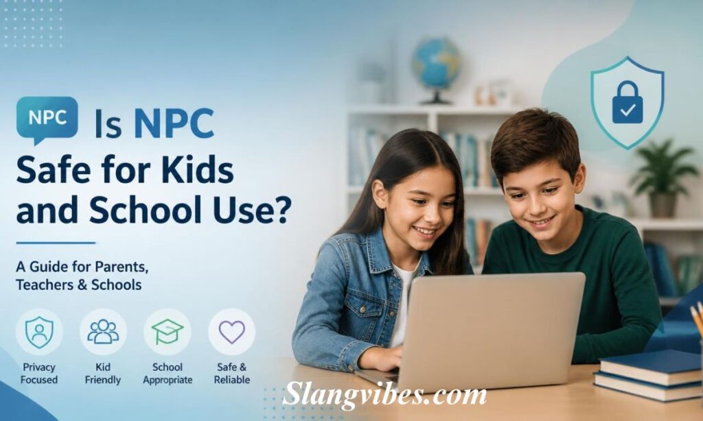 Two children using a laptop with safety icons asking if NPC slang is safe for kids and school use.