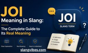 Graphic explaining JOI meaning in slang, showing a speech bubble, open notebook, and text definition icons.