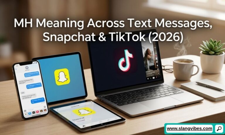 MH meaning across text messages, Snapchat, and TikTok with chat examples explaining Gen Z slang and online abbreviations.