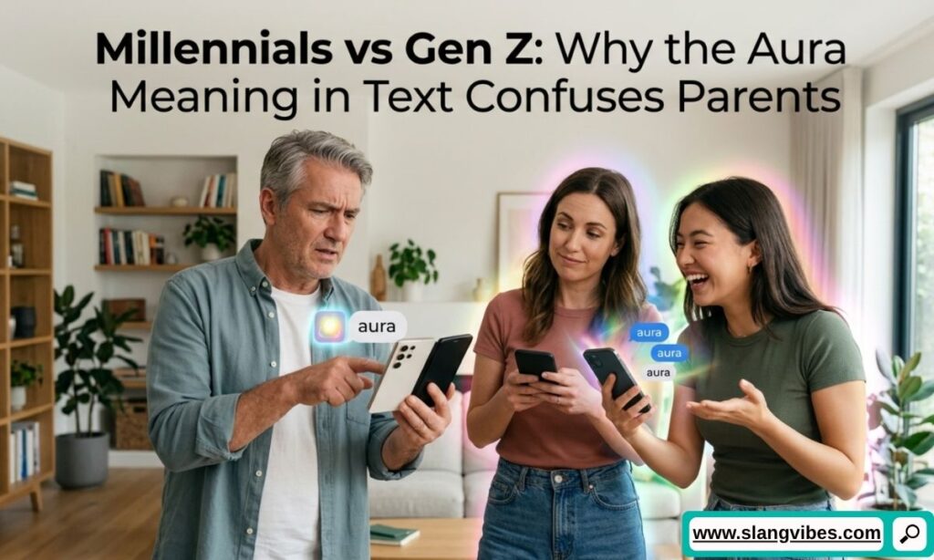 Millennials vs Gen Z comparing Aura meaning in text with parents confused by modern slang and social media trends