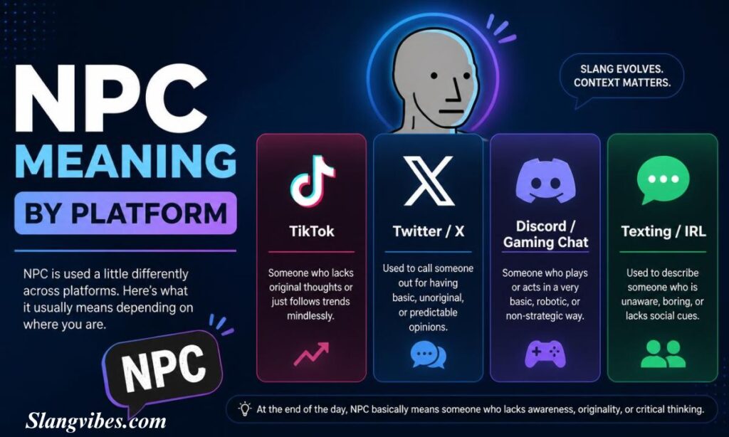 Infographic showing NPC meaning across platforms including TikTok, Twitter X, Discord, and texting with Wojak meme avatar.
