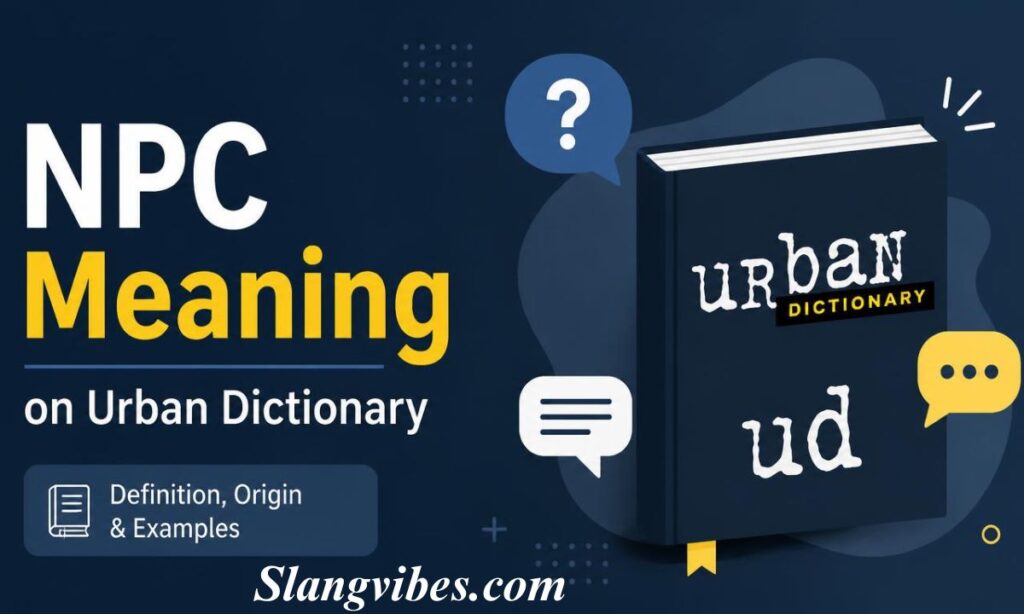 Graphic explaining NPC meaning on Urban Dictionary with a dictionary book, speech bubbles, and question mark icons.