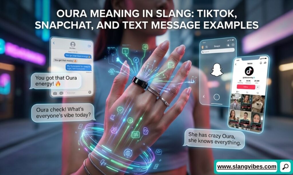 Oura meaning in slang with TikTok, Snapchat, and text message examples explaining Gen Z social media language.