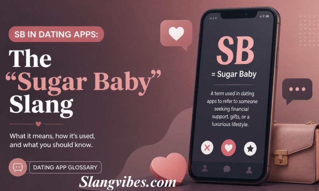 Smartphone screen showing SB equals Sugar Baby dating slang alongside hearts, chat icons, and a designer handbag.