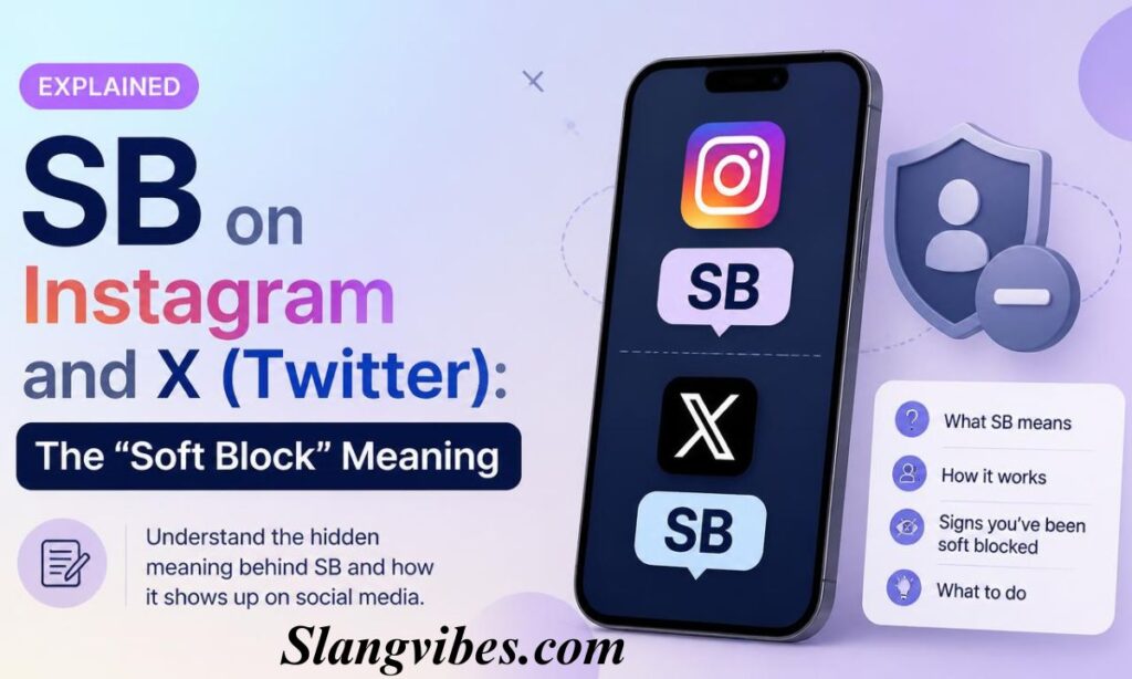 Smartphone screen showing Instagram and X logos with SB text badges next to a soft block privacy shield icon.