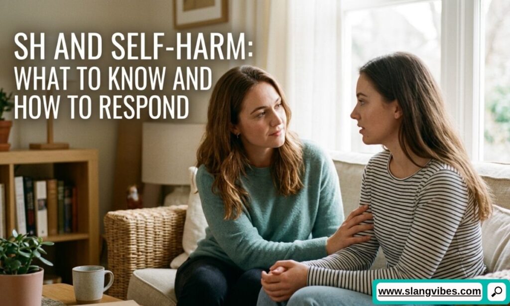 SH and self-harm awareness guide explaining warning signs, supportive responses, and safe online communication