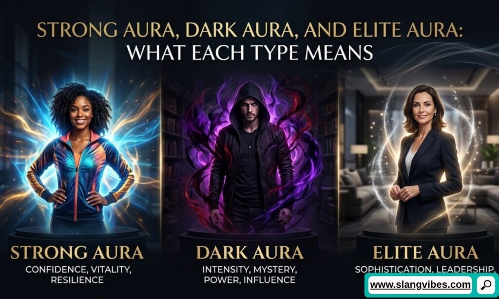Strong Aura, Dark Aura, and Elite Aura meanings compared with modern social media and Gen Z slang visuals