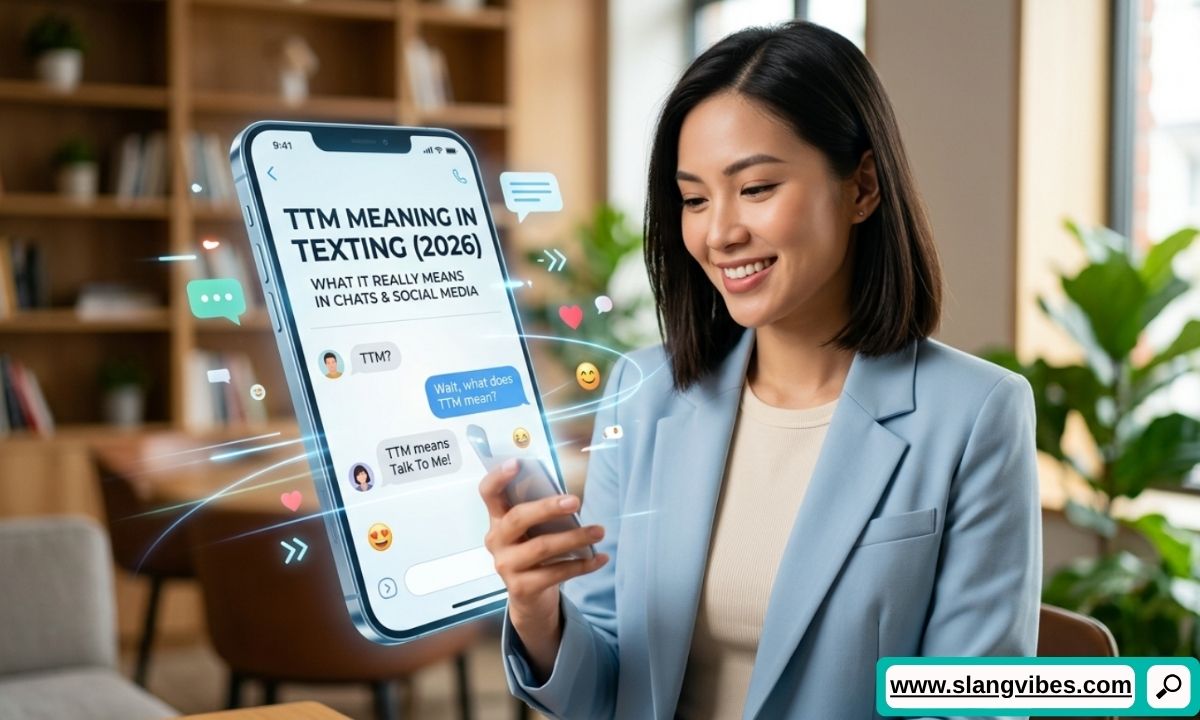 TTM meaning in texting explained with chat conversation showing TTM usage on Snapchat, TikTok, and WhatsApp