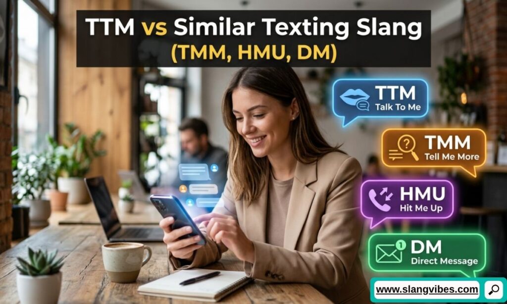 TTM vs similar texting slang including TMM, HMU, and DM comparison with chat abbreviations and messaging examples