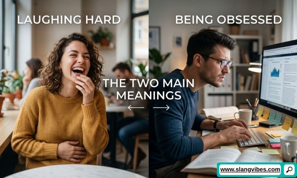 Geeking slang meaning showing two uses: laughing hard and being obsessed with something.