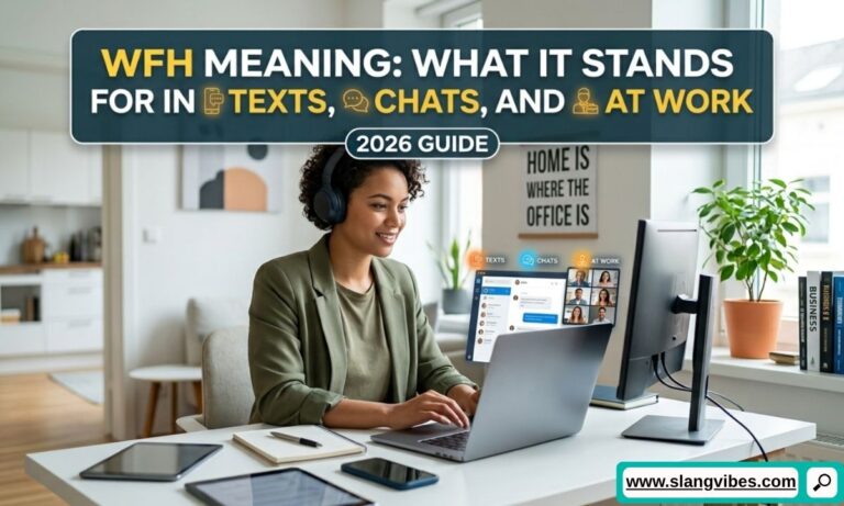 WFH meaning in text, chats, and work showing work from home communication and remote work setup