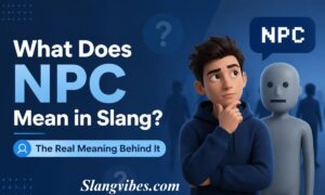 Graphic explaining NPC meaning in slang, showing a thoughtful character next to a grey gaming avatar with an NPC speech bubble.